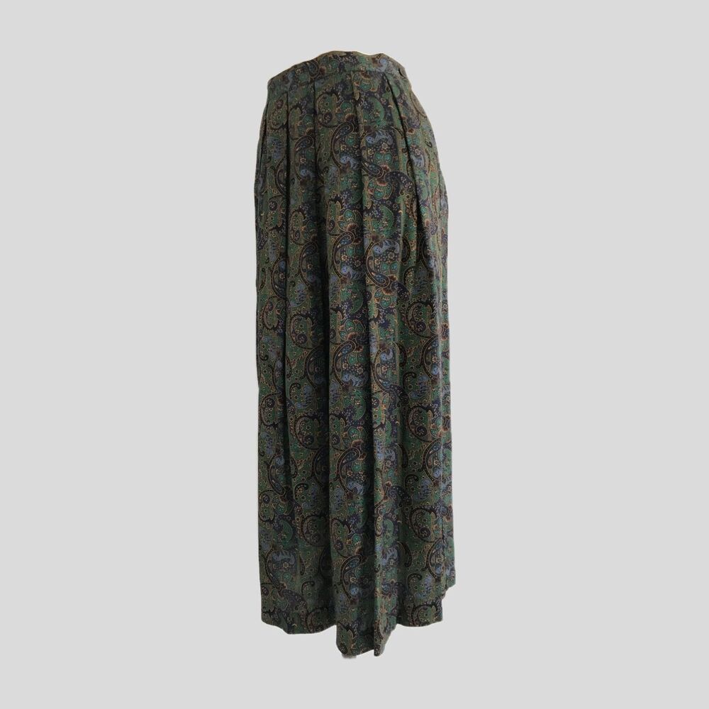 Vintage 1980s Blue Green Paisley Pleated Midi Skirt Pockets Womens Size S